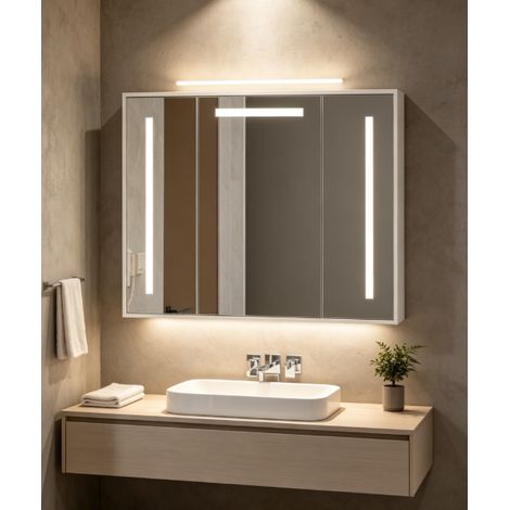 armoire miroir de salle de bain led murale 90x60cm trois portes commande tactile trois couleurs de lumière rangement pour salle de bain (1/5)
