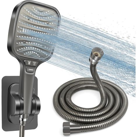 Pommeau de douche gris 8 modes avec tuyau anti-torsion