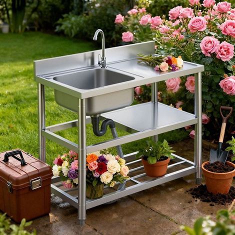 Évier de cuisine inox sur pied – 1 bac à gauche – Robinet – 2 niveaux de rangement – Usage professionnel et extérieur – 100 x 50 x 90 cm – Home Nature Wohnkonzept (1/5)