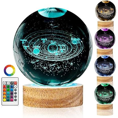 3D Planet Night Light Crystal Ball Lamp 8cm Solar System 16 Colors Wooden Base Laser Engraved Glass Snow Globe Gift for Women Kids Friends (1/5)
