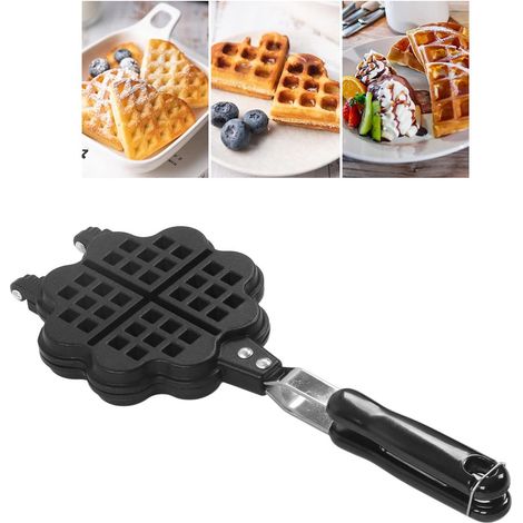 Gaufrier noir - Sans électricité - 4 gaufres antiadhésives en forme de cœur - Moule à gaufres