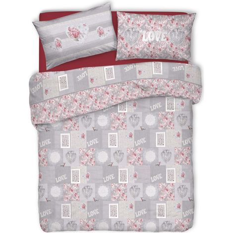 Copripiumino parure sacco e federa stile romantico shabby 100% cotone singolo matrimoniale Rosso - Singolo