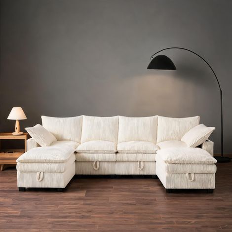 Canapé d'angle modulable en velours côtelé beige avec poufs (1/5)