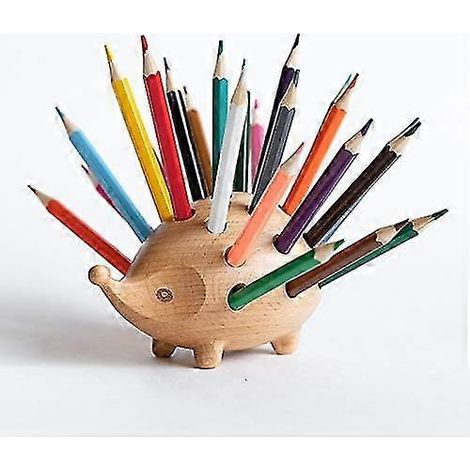 Pot à crayons en bois en forme de hérisson, accessoire de bureau décoratif et original pour la maison. Joli cadeau de rangement en bois (hérisson). (1/4)