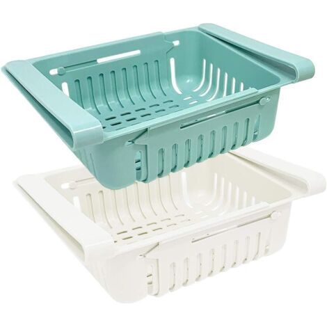 Ensemble de 2 boîtes de rangement pour la cuisine et le réfrigérateur, insert de tiroir extensible pour réfrigérateur, bleu, blanc, rose et beige (1/5)