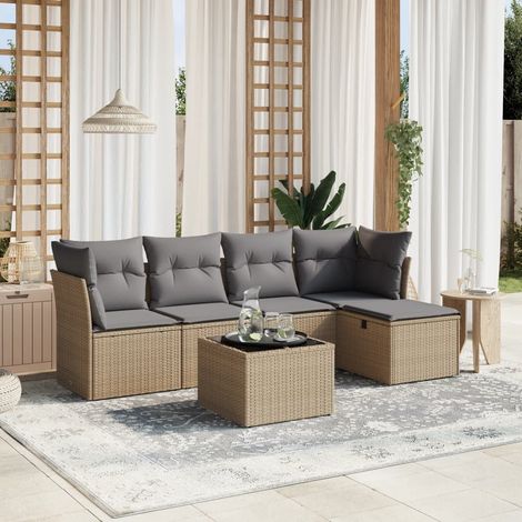 Gartentisch -  6-tlg. Garten-Sofagarnitur mit Kissen Beige Poly Rattan (1/4)
