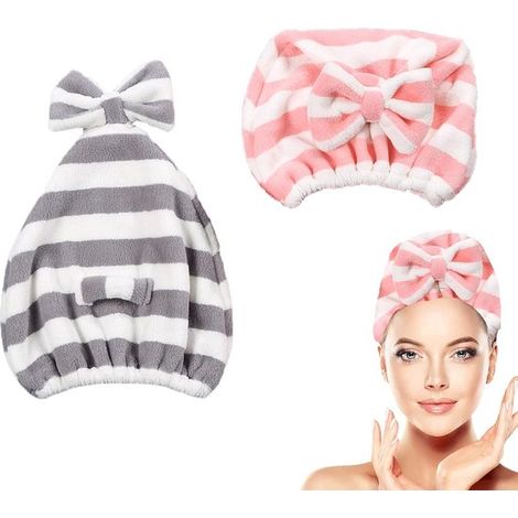 Asciugamano asciugacapelli in microfibra di grandi dimensioni,grazioso asciugamano asciugacapelli grigio-rosa con fiocco,(set di 2 pezzi) (1/4)