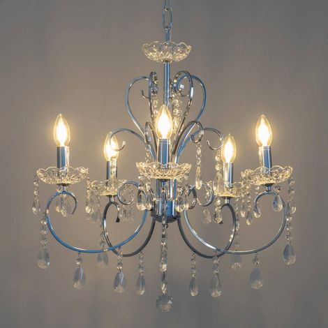 Kosilum – Lustre cristal argent 5 branches – Métal argenté avec coupelles en verre et pampilles – Éclairage raffiné pour salon et salle à manger (1/5)