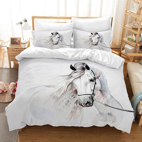 Housse de Couette Cheval avec Impression 3D, Parure de lit Animal Cheval Ensemble de Literie en Microfibre avec Fermeture éclair, pour Enfants, Adolescents (135 x 200 cm, Blanc) (1/5)