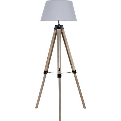 Lampadaire Trépied Bois Abat-jour Gris Clair