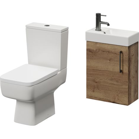 Napoli Cube Tobacco Oak 400mm Single Door Wall Mounted Vanity Unit and Toilet Suite with Align Basin - 400mm - Gunmetal Grey 160mm Handle