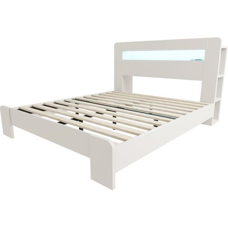 Letto a piattaforma bianco 140 x 200 cm con testiera contenitore, LED e prese integrate (1/5)