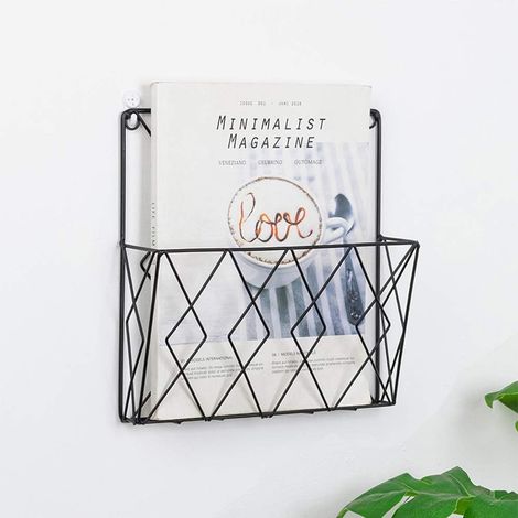 Porte-revues mural en maille métallique pour magazines ou journaux - Panier de rangement pour la maison, le salon (noir) (1/5)