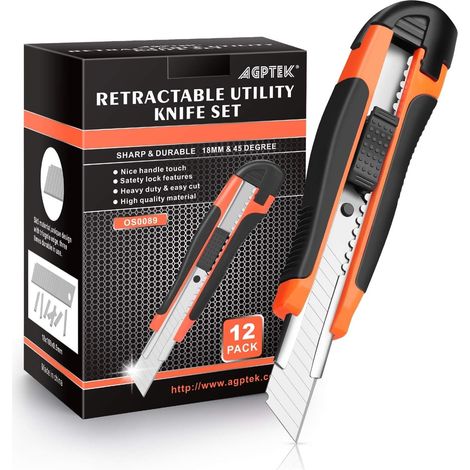 Lot de 12 Cutters Professionnels, Cutters à lame rétractable de 18 mm avec 12 lames de rechange supplémentaires, parfait pour couper papier, adhésif, carton, et tissu (1/5)