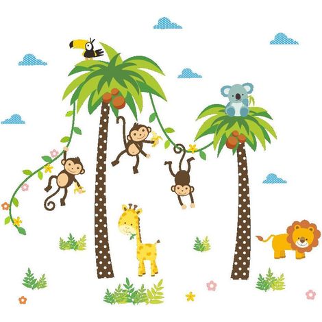 Décor Mural Autocollant Jungle Animaux Sauvages Frise Murale Chambre Enfant Bébé Salon Salle de Jeux Adhésif Détachable (1/5)