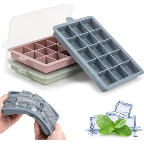 Cubitera de silicona con tapa，juego de 3 cubitos de hielo flexibles，15 cubitos por bandeja para congelador，fácil de desmoldar，libre de BPA (rosa) (1/2)