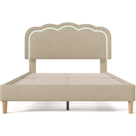 Doppelbett 140 x 200 cm mit LED, beigem Leinen, Lattenrost und verstellbarem Kopfteil (1/5)