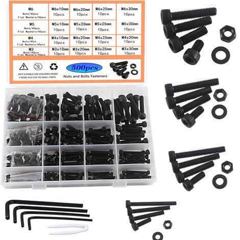 500pcs Boulons,Écrous,Rondelles Acier Carbone M3 M4 M5 M6 Noir Boîte Rangement 4 Clés Bricolage