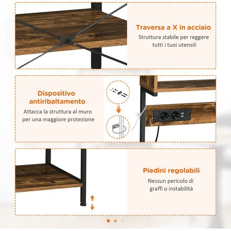 Étagère industrielle marron 60x42x153cm avec prises multiples, crochets et étagères pour cuisine (1/5)