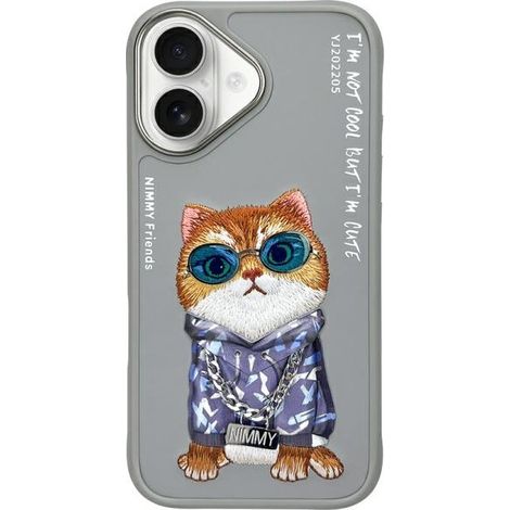 Custodia Nimmy Glasses per iPhone 16, colore grigio, con motivo gatto. (1/5)