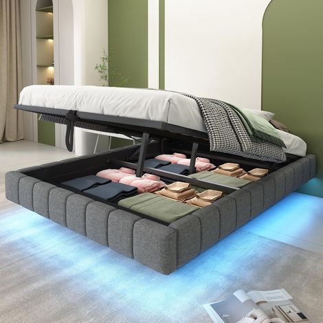 Lit rembourré 140x200cm, sommier suspendu hydraulique avec espace de rangement, lit rembourré multifonctionnel sans tête de lit avec éclairage LED, gris lin, garantie 2 ans