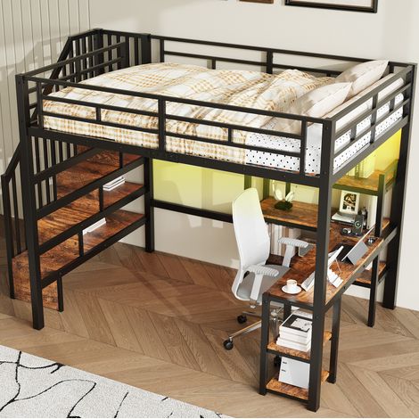 Cama alta 140x200 cm con escritorio integrado y estanterías, en metal, negro, sin colchón (1/5)