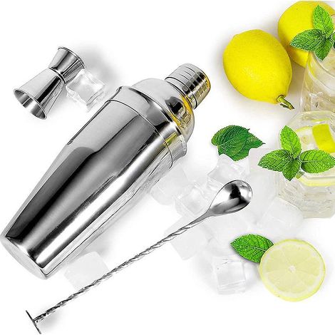 Martini-Cocktailshaker-Set aus Edelstahl (680 ml), mit integriertem Sieb, Löffel und doppelseitigem Stößel.