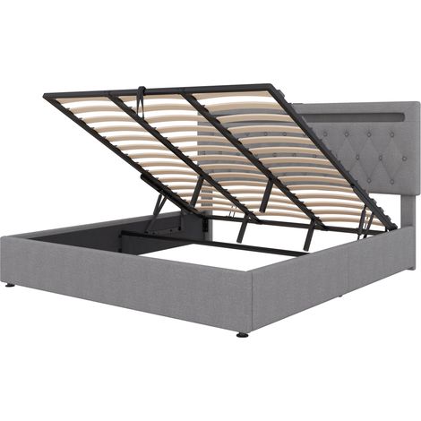 Cama con canapé gris de 180 x 200 cm con iluminación ambiental, puertos de carga USB y tipo C, estructura de cama doble para jóvenes y adultos (colchón no incluido). (1/5)