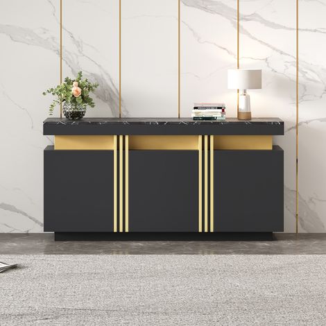 1403870cm Meuble de présentation moderne noir, 3 portes, buffet de salle à manger avec cloisons réglables, idéal pour la cuisine, le salon, la salle à manger et l’entrée, noir et or, grands casiers sa (1/5)
