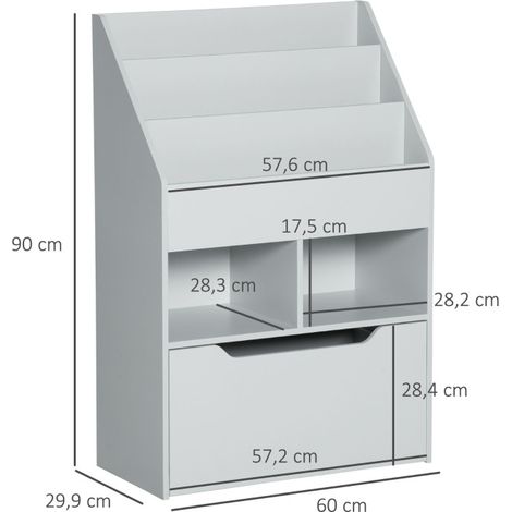 Estantería infantil con cajón, 3 niveles, 2 compartimentos abiertos, 60 x 29,9 x 90 cm, gris (1/4)