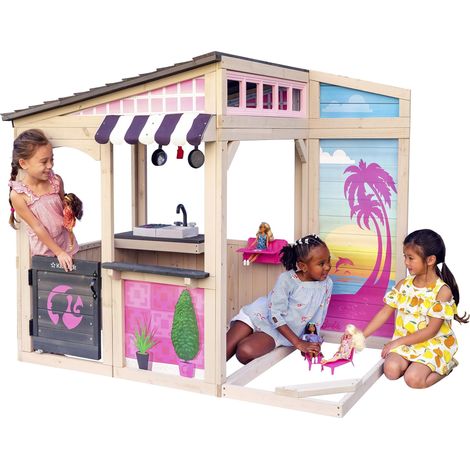 Cabane Enfant pour l'Extérieur en Bois, Jeux d'extérieur pour Enfants avec Cuisine et Bains de Soleil pour Poupées, P280192E (1/5)