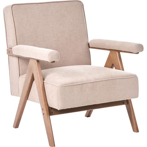 Sillón de sala de estar retro tapizado en tela de lino sintético estructura de madera beige Evje