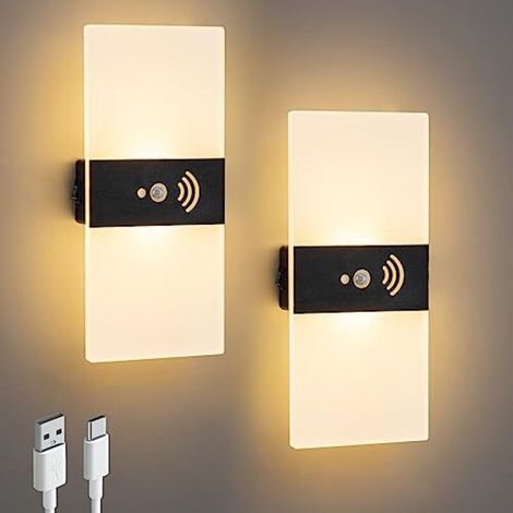 Set of 2 LED wall lights with motion detector, up/down wall lighting, magnetic wall light, modern warm white wall light, for bedroom, living room, stairwell, hallway [ (1/4)