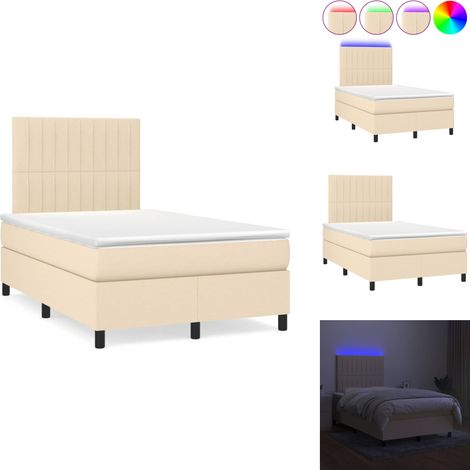 Sommier à lattes de lit matelas et LED crème 120x190 cm tissu - Sommier Tapissier - Lit Double - Matelas À Ressorts Ensachés - Éclairage Led - Têtière Ajustable (1/5)