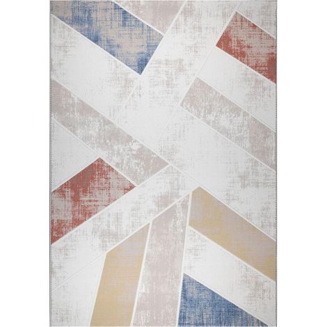 Tapis salon 200 x 290 cm, Multicolore, bleu et crème, motif géométrique, finition soignée pour un usage quotidien (1/5)