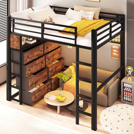 Lit mezzanine 140x200 cm avec bureau LED coffre de rangement et 8 tiroirs lit enfant avec étagères en MDF et métal noir (1/5)