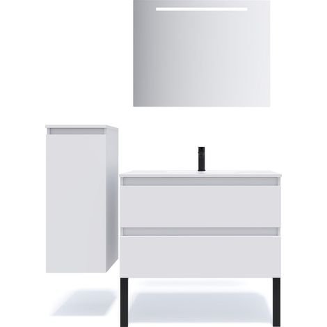 Meuble de salle de bain suspendu vasque intégrée 90cm 2 tiroirs Blanc + miroir + colonne ouverture gauche - Hudson (1/5)