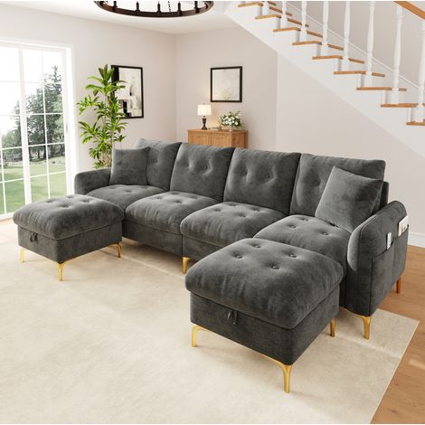 MODFU – Sofá modular en U de 4 plazas de chenilla con 2 puff de almacenamiento, bolsillo lateral, capitoné y patas doradas de 15 cm – Gris (1/5)
