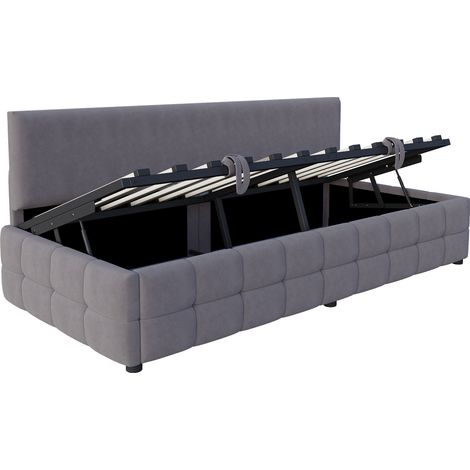 Cama tapizada 90 x 200 cm con arcón hidráulico, terciopelo gris, sin reposabrazos (1/5)