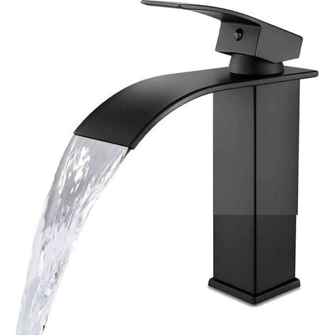 Badezimmerarmatur mit zwei Zulaufrohren - Warm- und Kaltwasser - Modernes Wasserfall-Design - Robustes Ventilgehäuse aus schwarzem Kupfer.