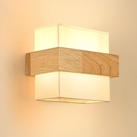 AMXCNOY Applique murale vintage en bois avec douille E27, abat-jour carré en tissu – pour chambre, couloir et salon – installation simple, ampoule non incluse (1/5)