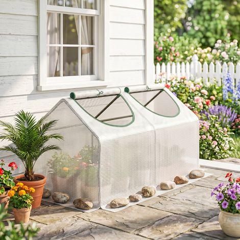 Serre de jardin en forme de maisonnette avec couverture PE, abri pour potager avec piquets et bordures étendues pour plantes et fleurs, 120x60x60 cm, blanc (1/5)
