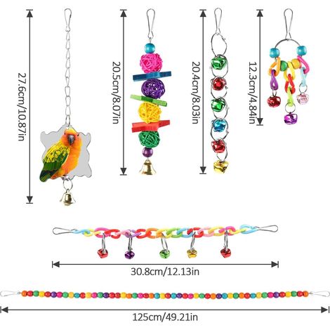 Set di 7 giocattoli per pappagalli composto da una scala colorata, un'amaca, una gabbia per uccelli, un supporto, un giocattolo da masticare e un campanellino da appendere, adatto a parrocchetti e cal (1/4)