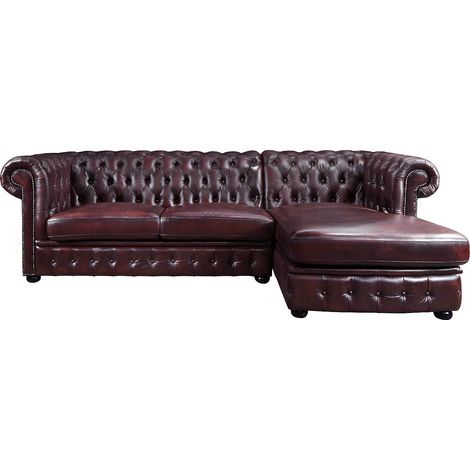 Canapé d'angle chesterfield BRENTON 100% cuir de buffle - Bordeaux- Angle droit (1/5)