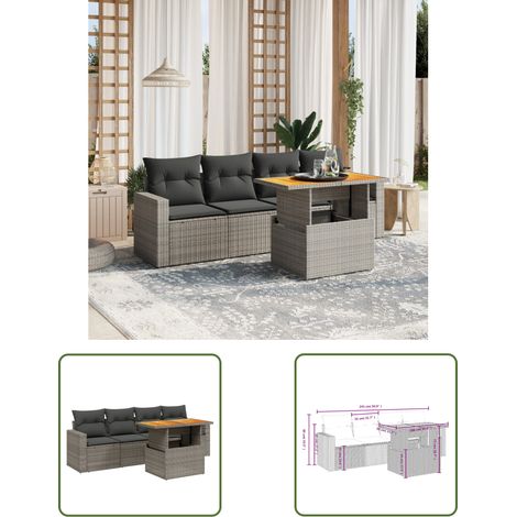 The Living Store 5-tlg. Garten-Sofagarnitur mit Kissen Grau Poly Rattan - Gartensorte - Gartenmöbelset - PE-Rattan Möbel - Outdoor Lounge Set - Balkonmöbel