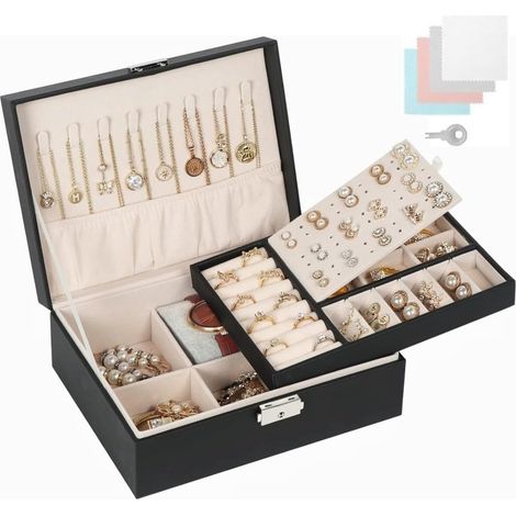 Boîte à Bijoux, Boîte à Bijoux 2 Couches, Rangement Bijoux Verrouillable avec Clef, Organisateur Bijoux en Cuir PU Imperméable, Boîte à Bijoux de Voyage pour Bagues Boucles Colliers, Noir (1/5)