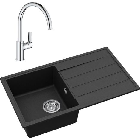 76x44 cm évier avec égouttoir réversible en Granite, à encastrer, noir + mitigeur lavabo/cuisine Grohe StartEdge (SATSE3BG313)