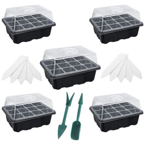 5er-Pack schwarze Mini-Anzuchtschalen, Gewächshaus-Gemüsegarten-Setzlinge mit 12 Löchern, Pflanzwerkzeug und Pflanzenetiketten (1/5)