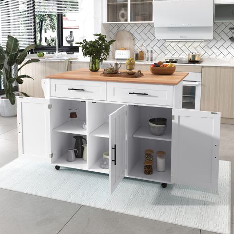 Desserte / Buffet (avec plan de travail rabattable et étagères intérieures derrière les portes) — Îlot mobile à 5 roulettes avec espace de rangement et 2 tiroirs — Adapté aux espaces repas — Blanc