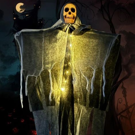 Décoration de Squelette Halloween, Fantômes à Suspendre Halloween de 80 cm avec Lumières LED, Faucheuse à Suspendre, Décoration Effrayante, Fantôme de Crâne Halloween pour Intérieur E (1/4)